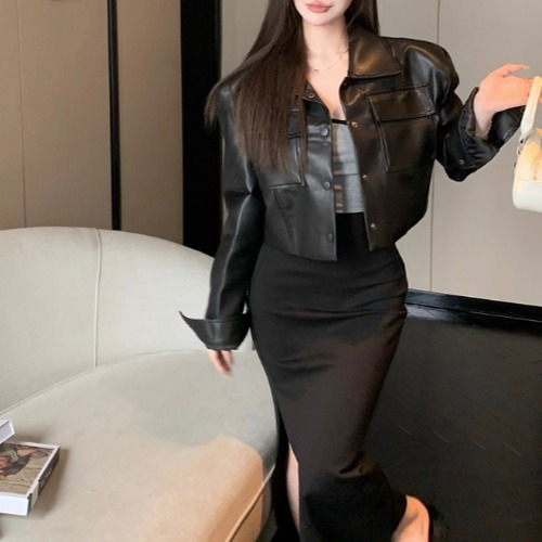 フェイクレザークロップドジャケット ・12973