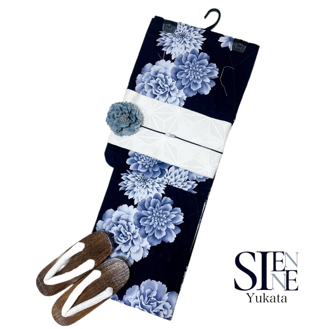 浴衣ジェンヌ 浴衣5点セット 紺地にダリア 濃紺 ゆかた 半幅帯 浴衣