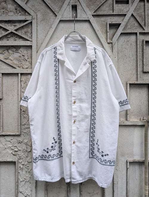"OLD NAVY" linen mix embroidery s/s camp-collar shirt