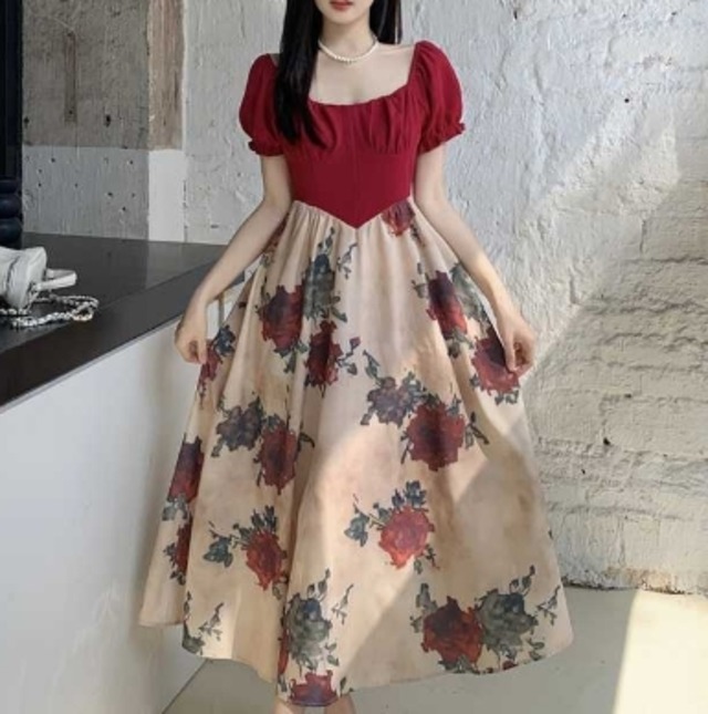 【送料無料】ワンピース ドレス ロング丈 半袖 パフスリーブ スクエアネック 香港風 かわいい 大人可愛い レトロ 夏 10代 20代 レディース N1226