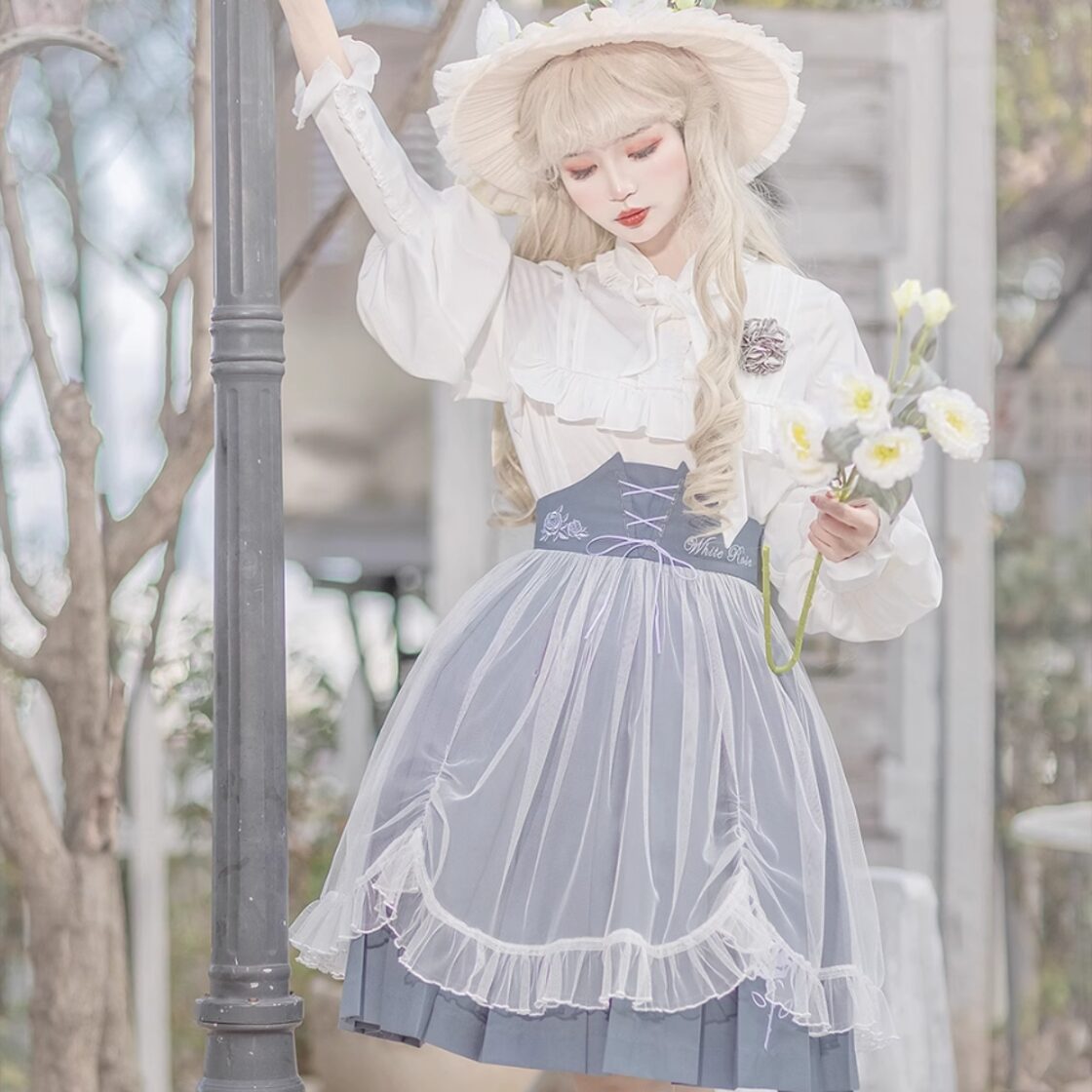 アダムス　コウモリレース　生成色エプロン　ゴシックロリータ ハロウィン　やみかわ クトゥルフ 蛸足レース 青黒色コルセット エプロン ゴシック