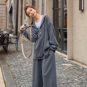 セットアップ レディース パーカー ワイドパンツ 長袖 無地 春 秋 冬