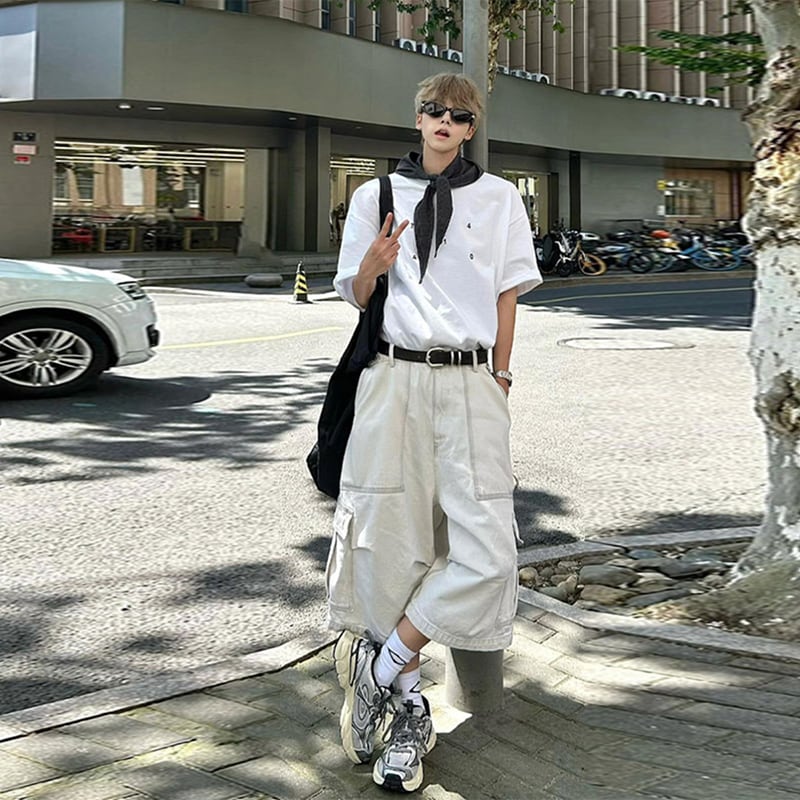 白色の七分丈デニムカーゴパンツ | mblueshop 白色の七分丈デニムカーゴパンツ | mblueshop