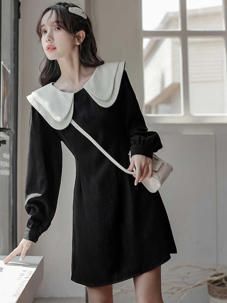 【新作】【送料無料】 ベビードールの襟黒長袖ドレス女性のための秋と冬の 2023 新しい春と秋の気質スカートリトルブラックドレス小さな人のため 0276905046931