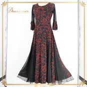 社交ダンス 衣装 JUN FASHION ドレス ワンピース ブラック系 花 花柄 ホログラム キラキラ レース 透け感 上品 練習 レッスン 黒 赤 伸縮 ストレッチ ダンス衣装 イベント ステージ パーティー レディース 柄 模様 レッド系