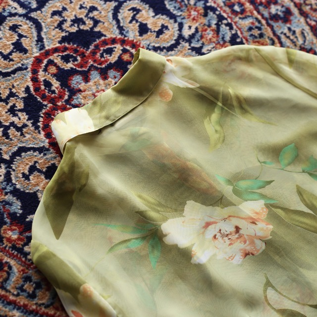 "鶯" nice green flower pattern l/s see-through shirt
