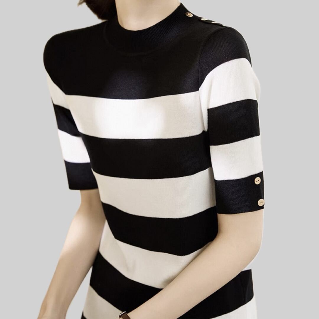 Monotone horizontal striped short sleeve tops with gold button 00156