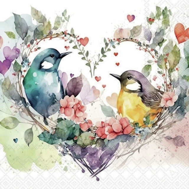 2024春夏【Ambiente】バラ売り2枚 カクテルサイズ ペーパーナプキン Loving birds ホワイト