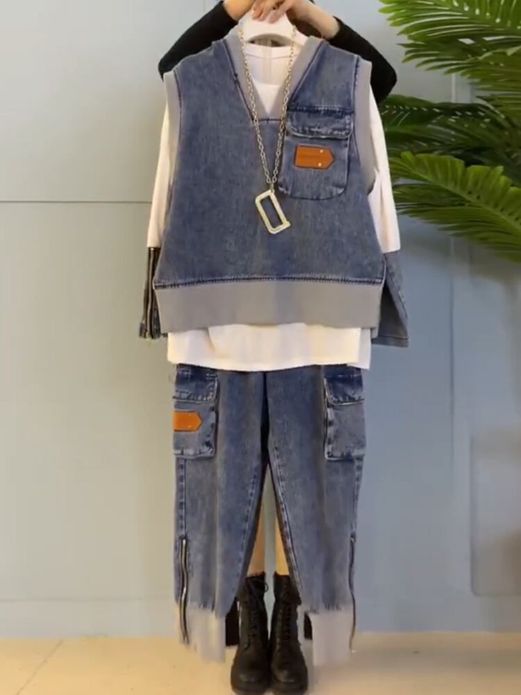 ジッパースリーブTシャツ フードVネックダブルポケット 大きめサイズ ステッチ ミックスインファッション51405987310