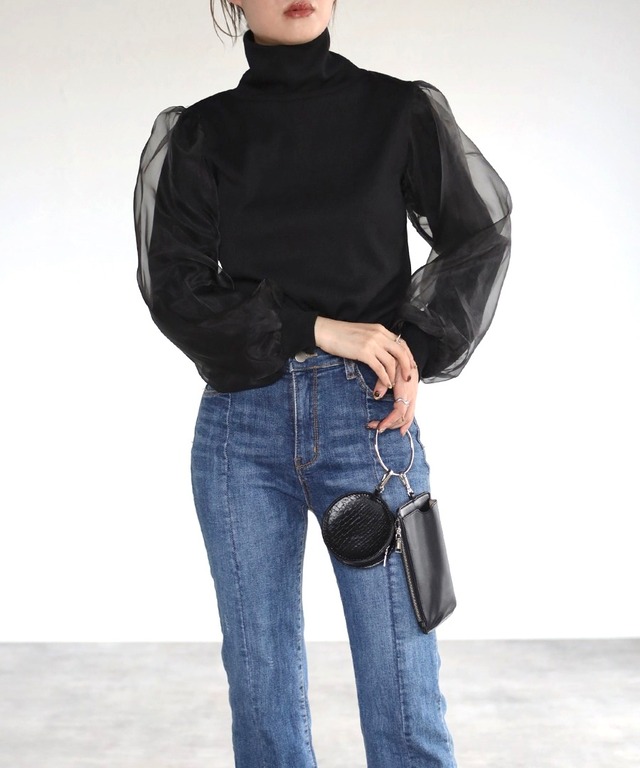 袖オーガンジーリブニットソー