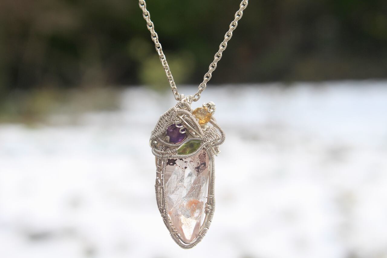 Himalayan crystal & Peridot & Amethyst & Citrin silver925 wire wrapping pendant