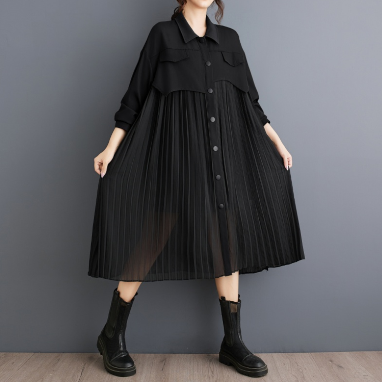 メッシュ プリーツ シャツワンピース  00019