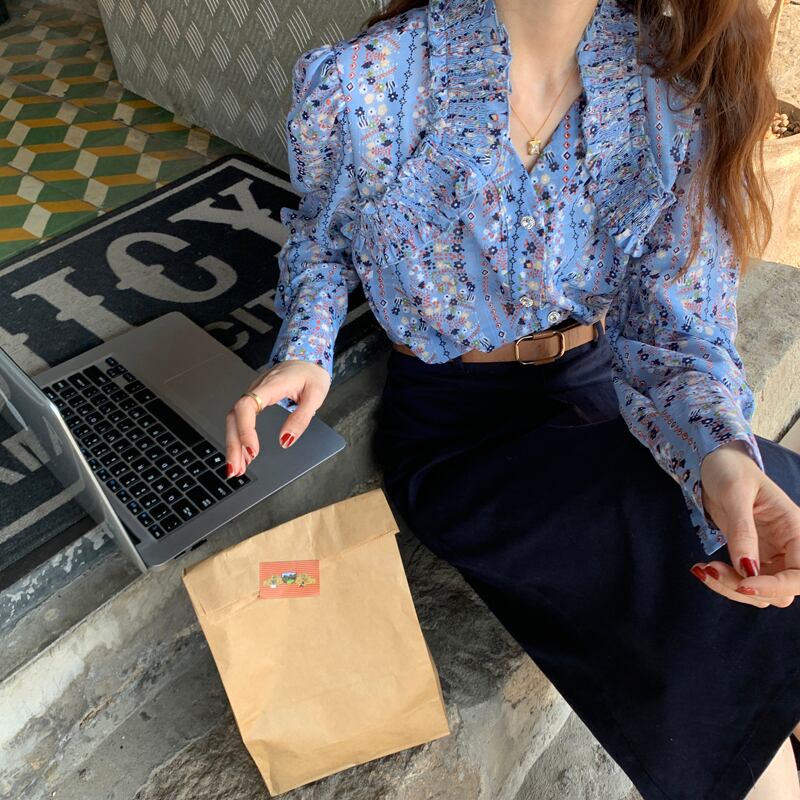 スタイルレースVネックフローラルスプリングトップス レディース ロング 春物 花柄 ビッグFスモールZ韓国23952880937