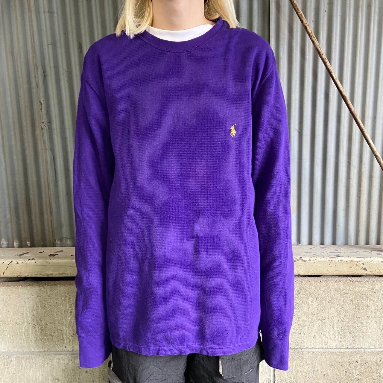ラルフローレン Purple Label 伊製 ウール 長袖ポロ 紫切替 茶 M POLO RALPH LAUREN ラルフローレン ワンポイントロゴ サーマルロングT