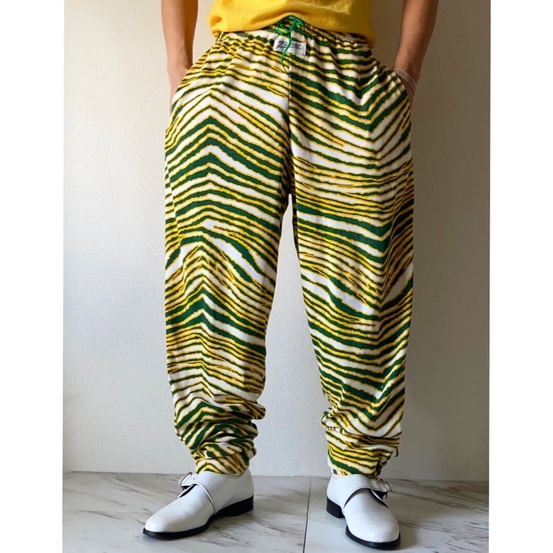 90s made in usa ZUBAZ white yellow green zebra stripe cotton wide tapered  eazy pants
