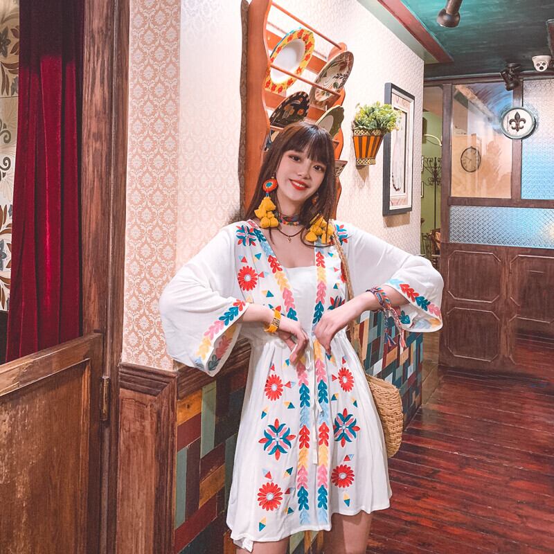 ボヘミアンスカート エスニック刺繍Flowerデザイン ウェストスタンダードルーズドレス レトロ ビーチ フラワーデザイン 延命家ファッション61472871431