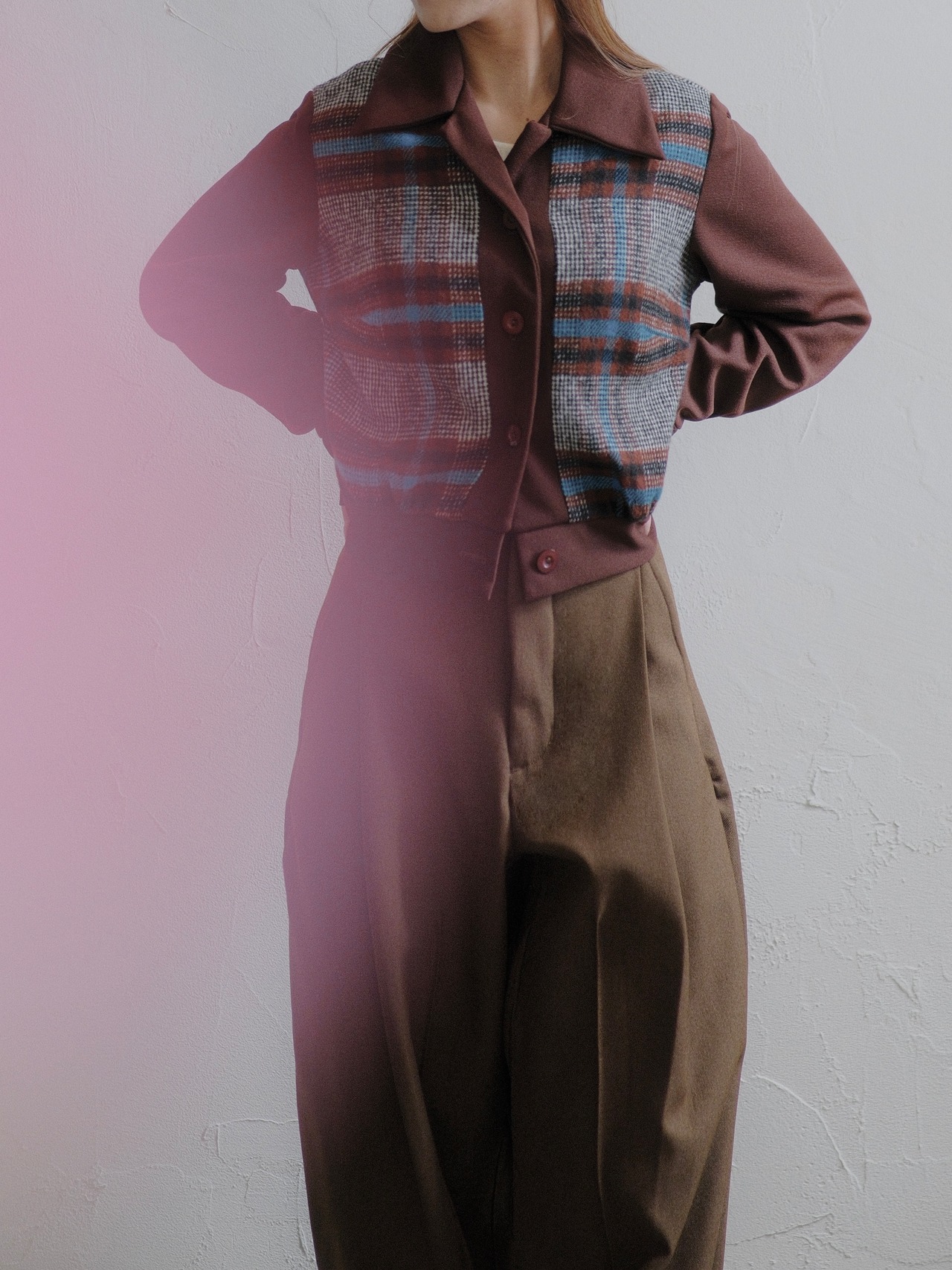 Vintage Mixed Pattern Wool Jacket / BROWN RED - 1
