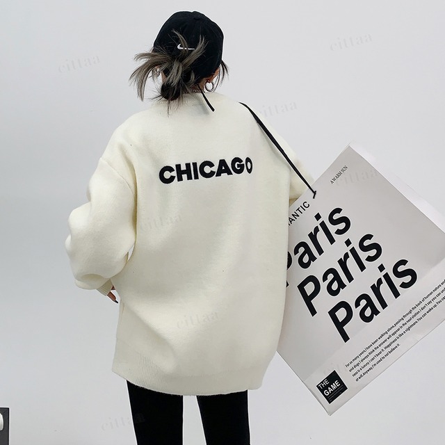 ★予約★D-478　2025秋新作♡CHICAGOバックロゴ刺繍ニット　オフホワイト