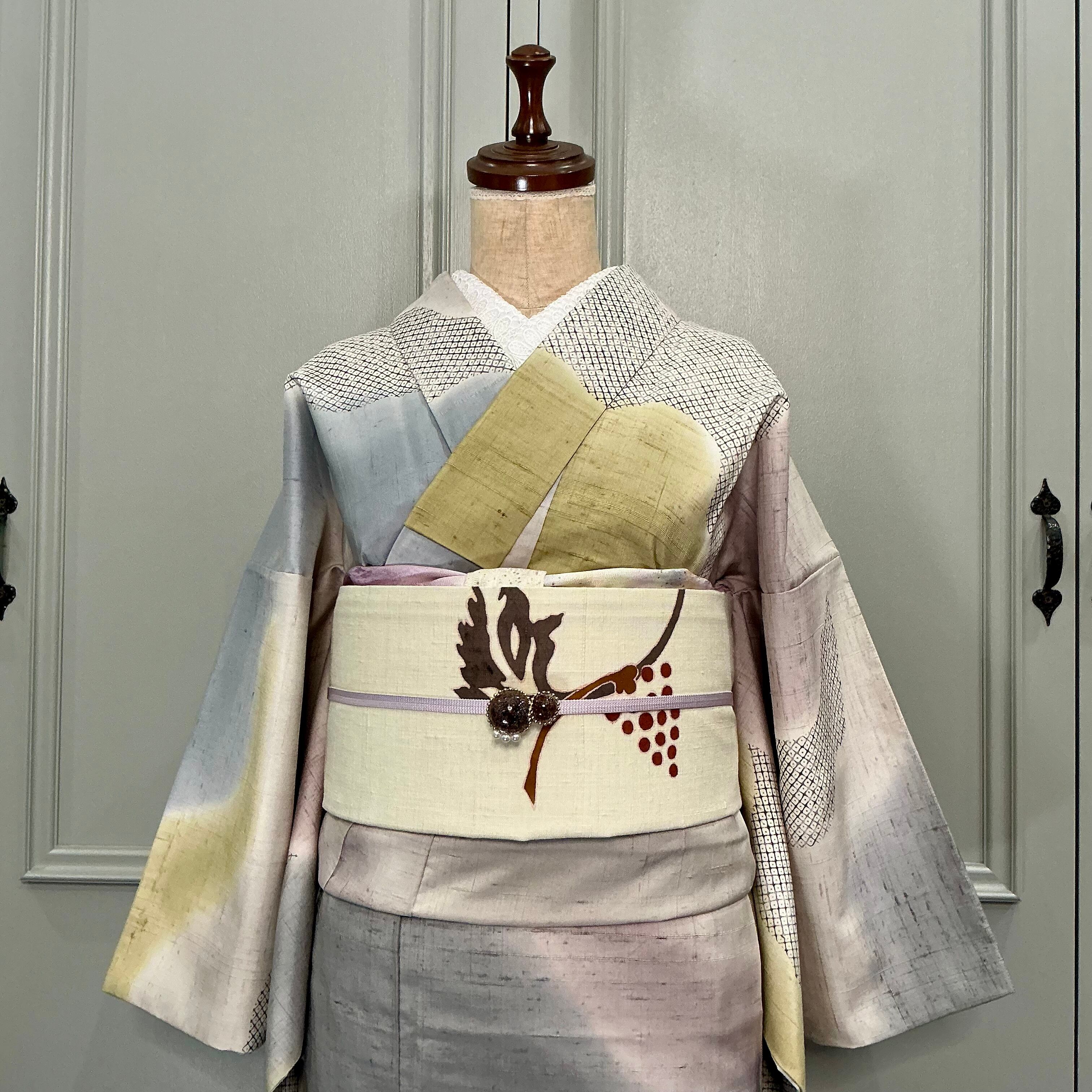 grape autumn＊未使用品 ぶどう 葡萄 染め帯 生成 エルクベージュ