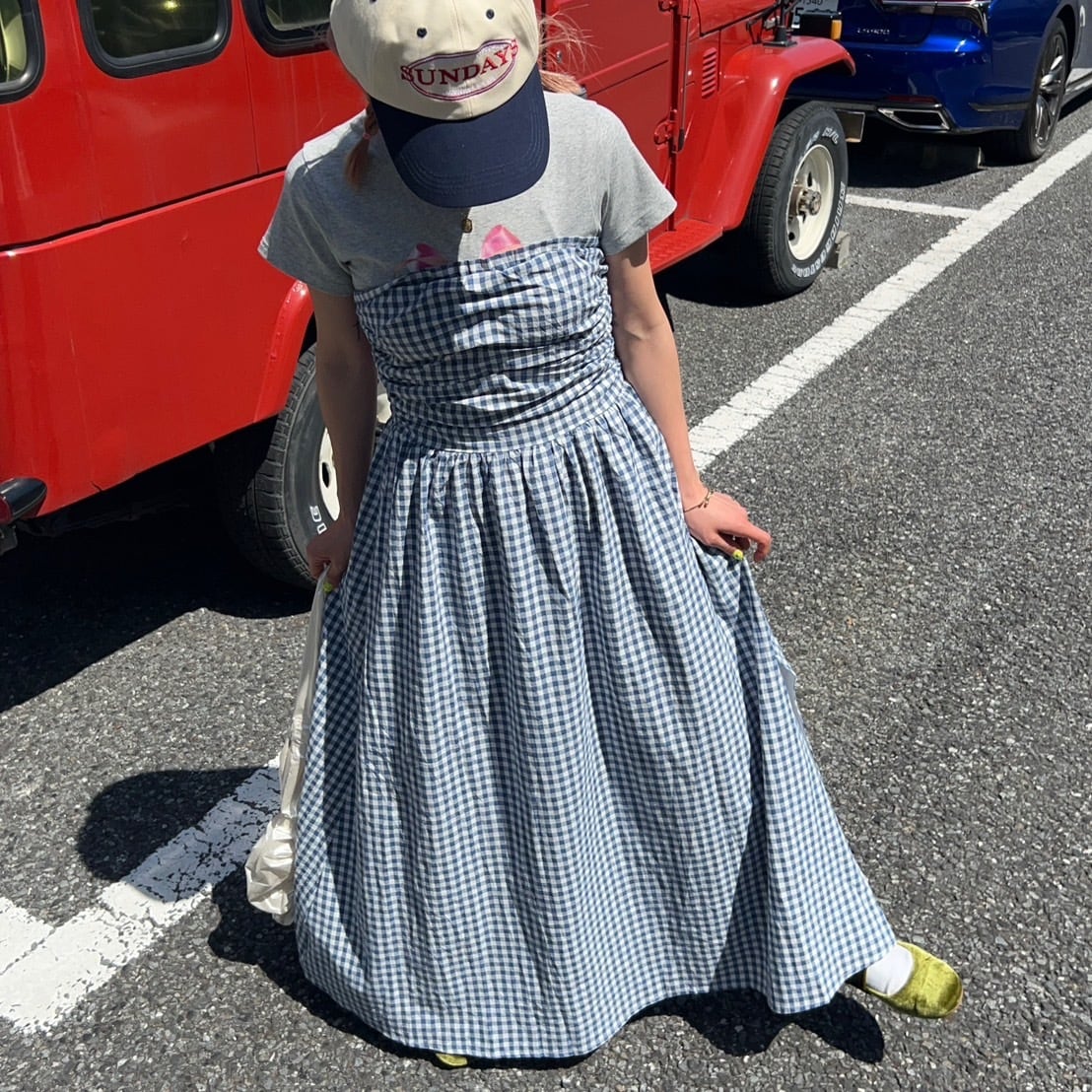 ギンガムチェック柄ショルダーレスボリュームワンピース_LN02781