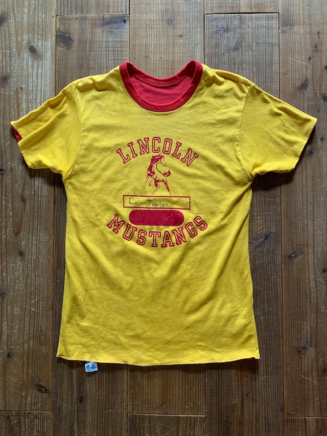 80's トリコタグ Champion ''LINCOLN'' リバーシブルTシャツ 黄X赤 表記(M) USA製