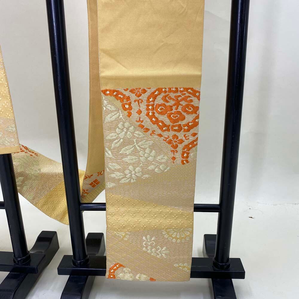 名古屋帯 なごや帯 八寸 クリーム色 金糸 花柄 帯 中古 リサイクル