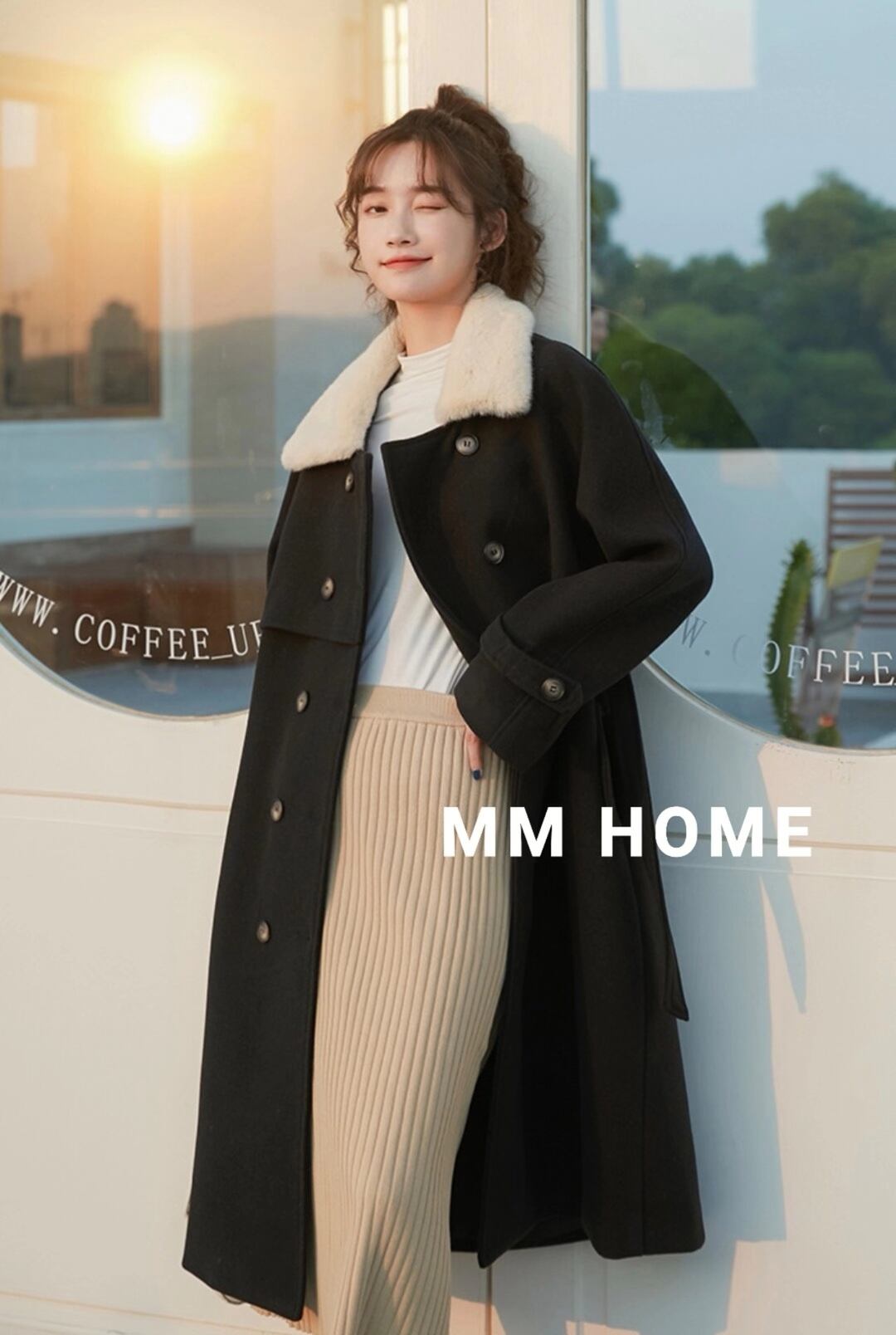 ウールブレンド ファー付き ロングコート AJ42441-6665