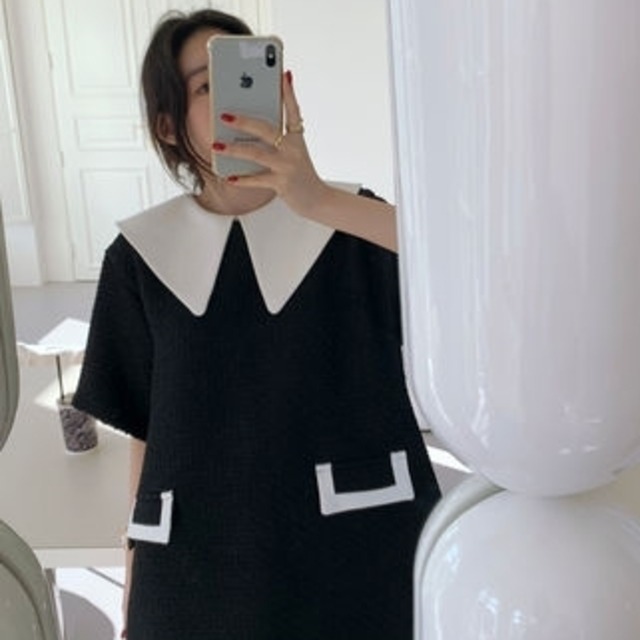 ワンース レディース 送料無料 2色 ミドル丈 ショート丈 ミニワンピース デザイン襟 ビッグカラ― バイカラ― 半袖 モノトーン ラウンドネック Aライン  シャツワンピース トレンド ファッション ボリューム袖 バルーンスリーブ パフスリーブ ゆったり 大きめ ゆる 楽ちん きれいめ シンプル かわいい 可愛い カジュアル おしゃれ お洒落 こなれ感 抜け感 上品 エレガント 春 春服 夏 夏服 デート 通学 学生 お出かけ 普段使い 着回し 重ね着 無地 単色 体型カバー ブラック エレガント