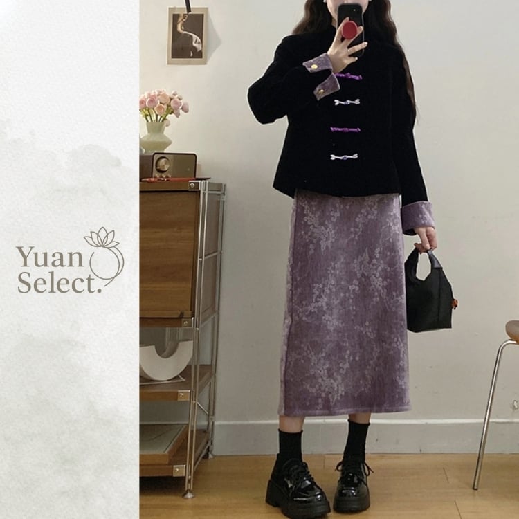 チャイナボタンジャケット×ジャカードスカート　セットアップ　YS00076