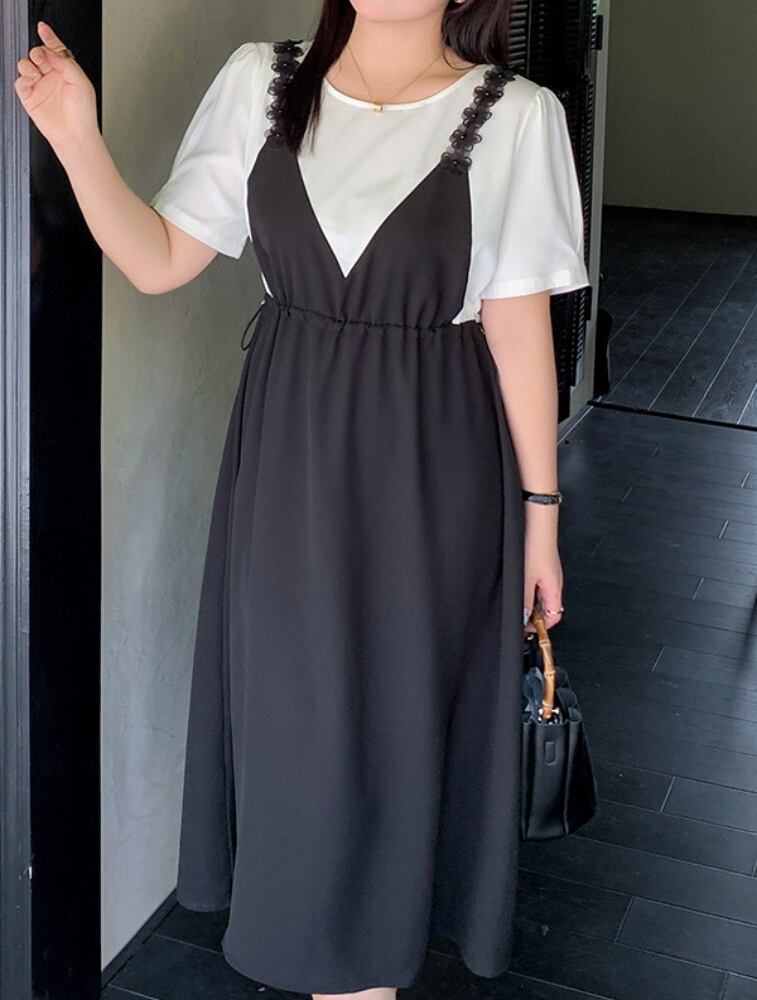 レースで魅せる 快適リラックスレイヤードワンピ Vライン ミディ丈 スリム 体型カバー 大きいサイズ 韓国 CH9817