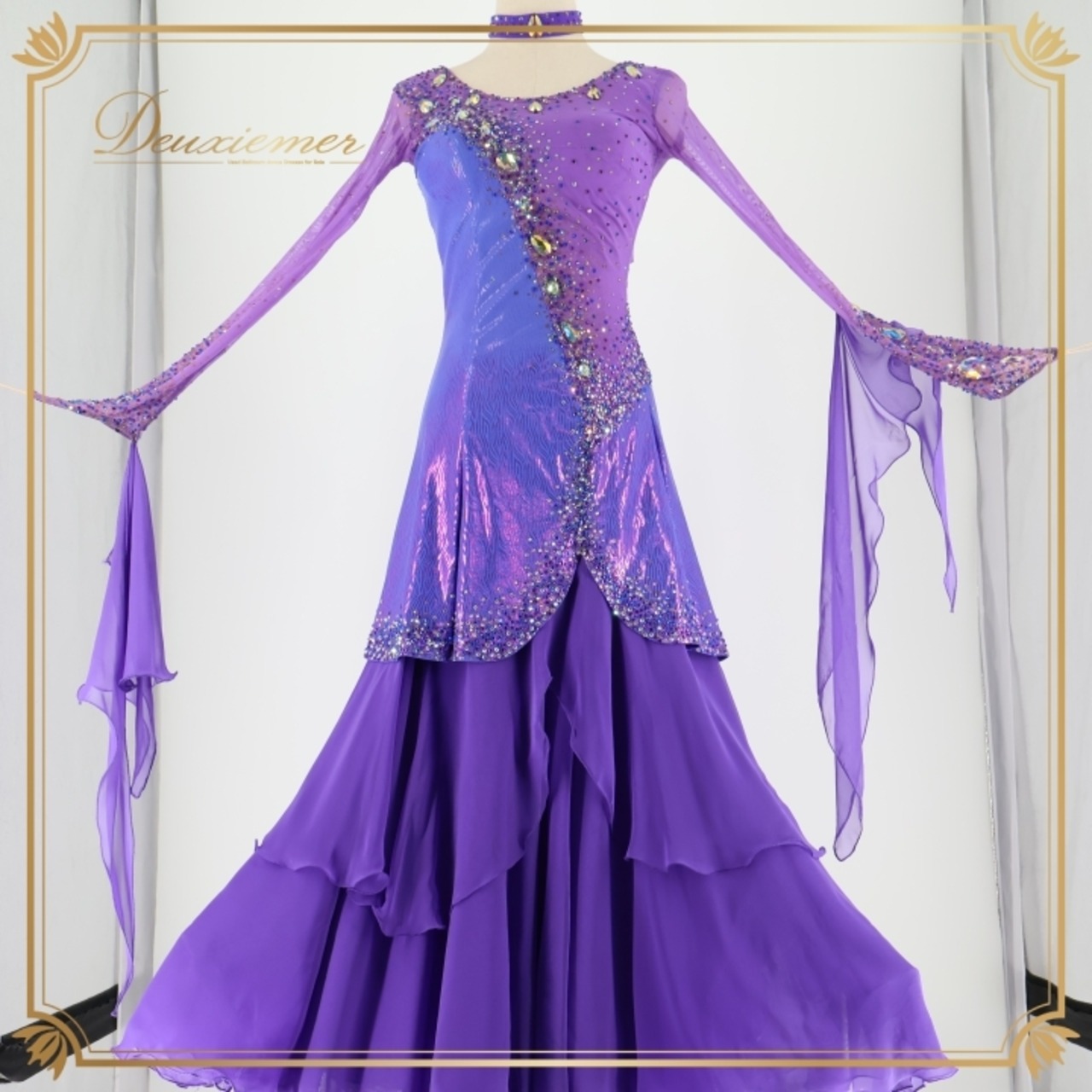 社交ダンス 衣装 スタンダード ドレス ワンピース 紫 フロート レース イングランド製 デモ 競技 パーティ 発表会 レース 上品 高級感 パープル系 高級衣装 大人可愛い エレガント フェミニン ショーウェア ダンス発表 ドレスアップ おしゃれ 発表会衣装 レースデザイン フリルスカート レディース フォーマル