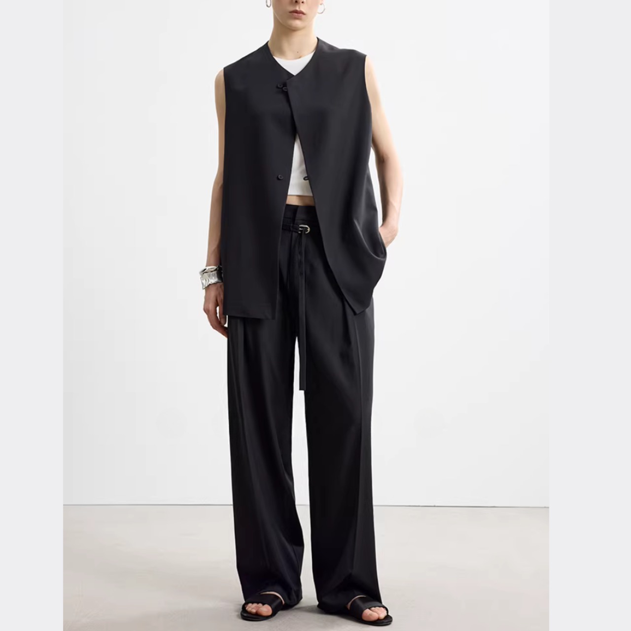 ウエスト紐付き ワイドレッグ フルレングス パンツ 00166・画像7