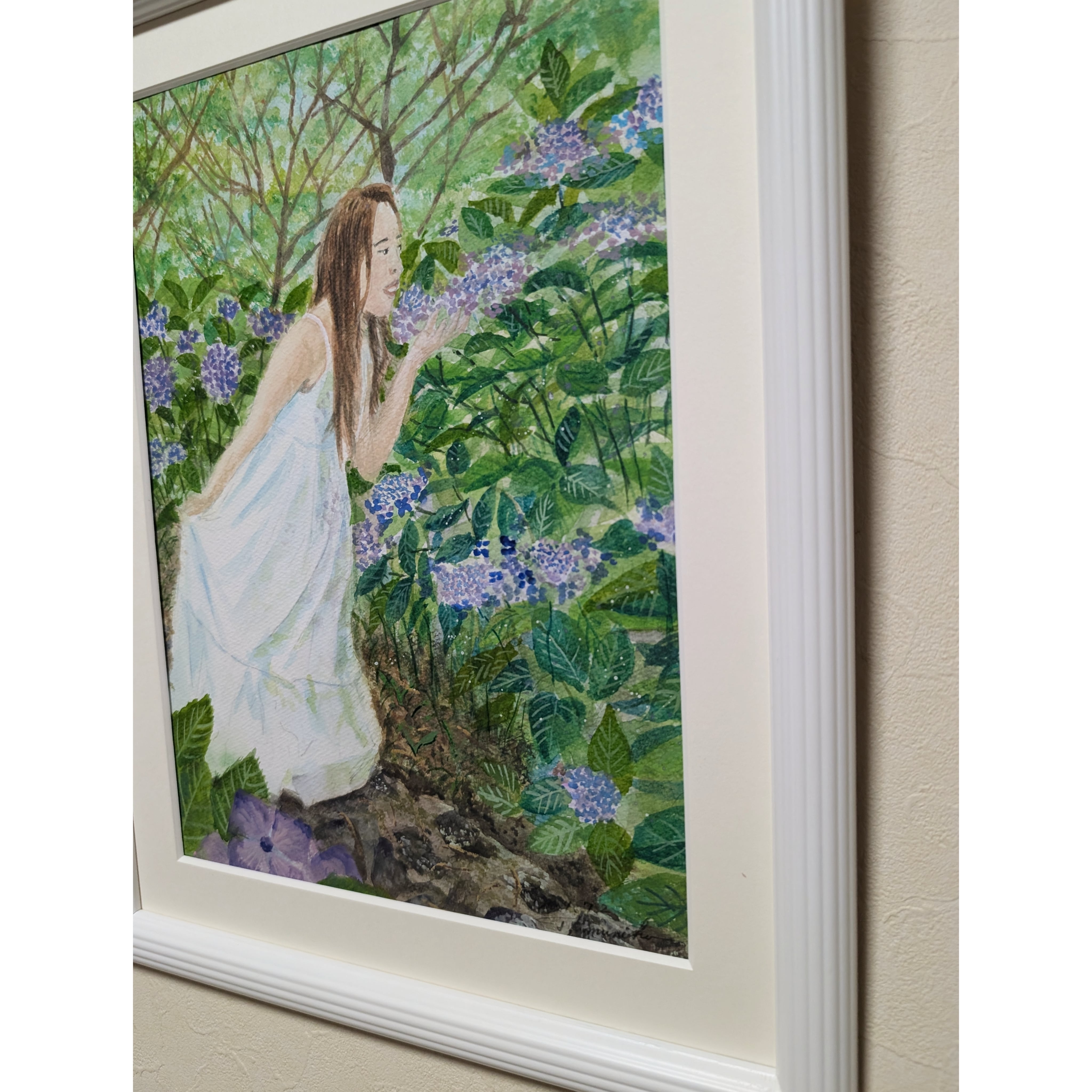 春の特価10%OFF♥【版画　行水と髪飾】 2点セット額付 かわいいダウンスタイル×水色ドライフラワー＆レース髪飾り♡白/水色 絵画