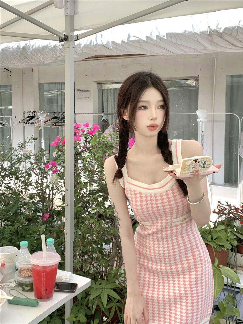韓国スタイルのニットミニドレス,ヴィンテージの婦人服,千鳥格子,セーター,エレガントなミニドレス,気質,ショート ショッピングゴー shoppinggo ニットワンピース ミニ丈