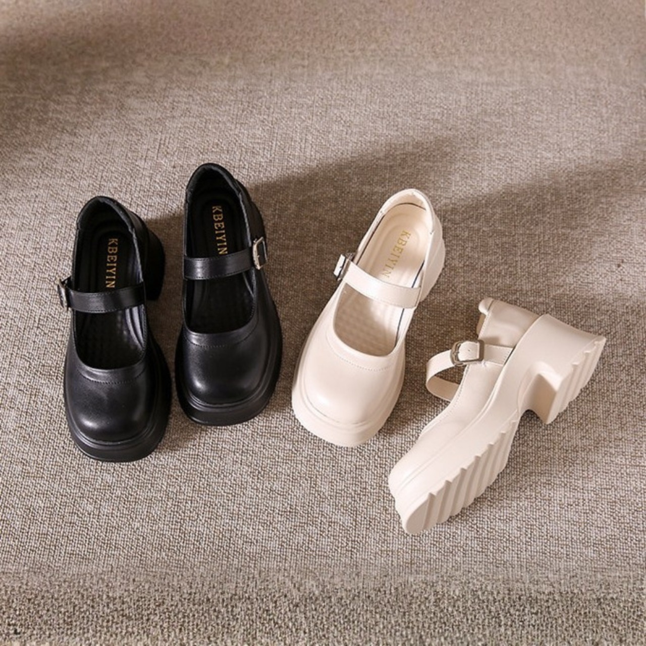 ストラップ  厚底 プレーントゥ シューズ  90015