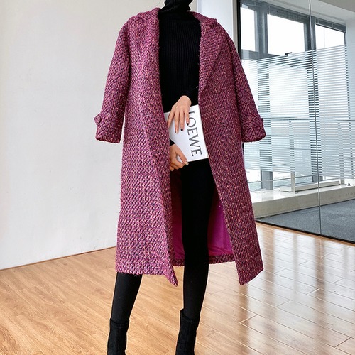 【ツイードコート】くるみボタン　レトロコート　パープル