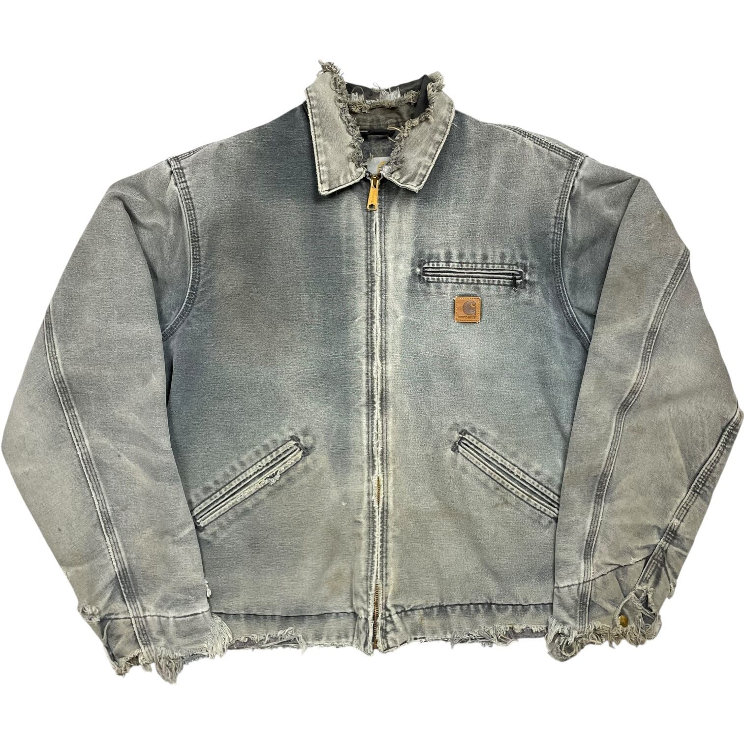 《L》Carhartt カーハート デトロイトジャケット リアルダメージ フェード ワンポイントロゴ 革パッチ グレー no.9773