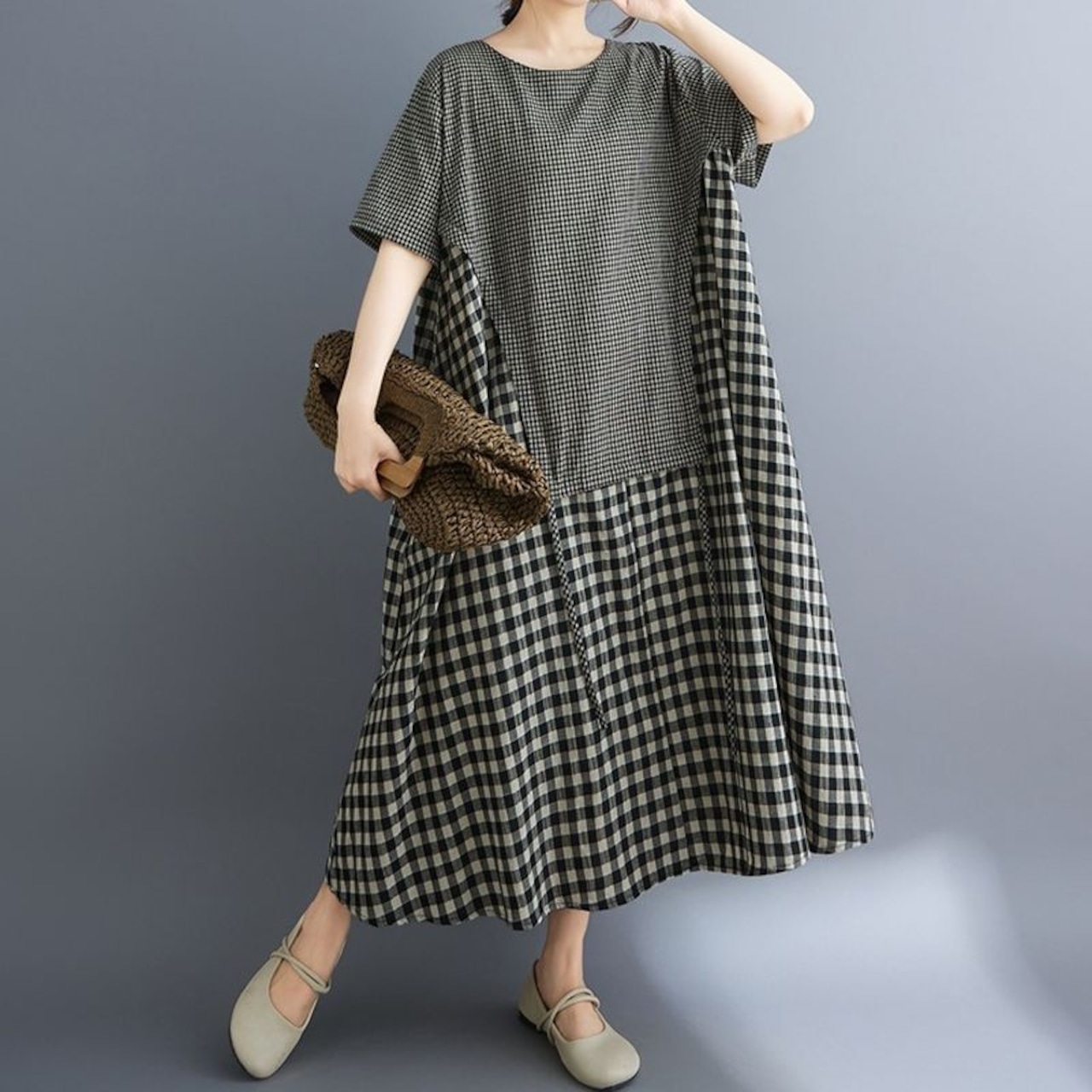 切り替えチェック柄 マキシ丈 ワンピース  30135