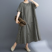切り替えチェック柄 マキシ丈 ワンピース  30135