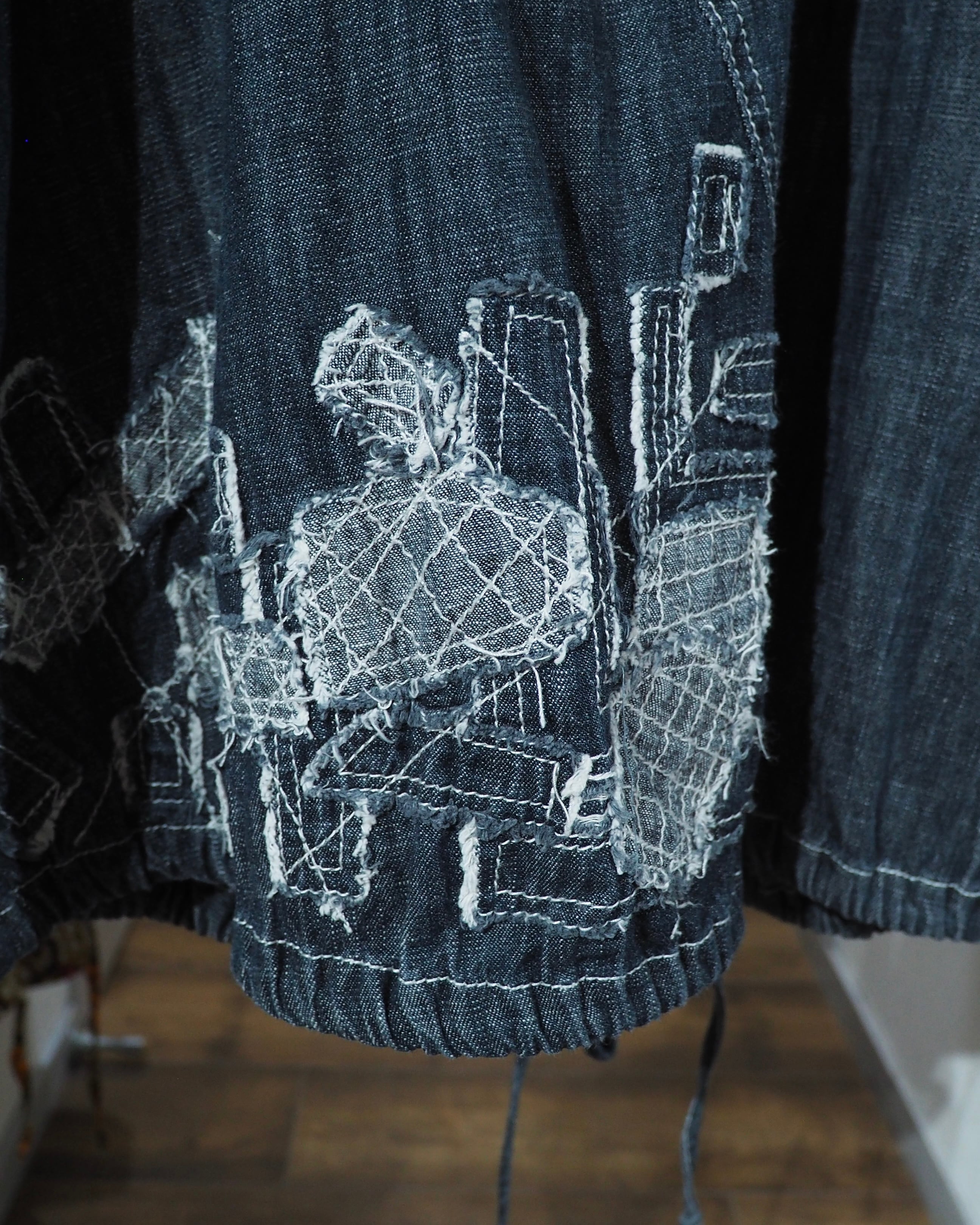 Random Patchwork × White stitch Embroidery vintage Indigo Denim Onepiece