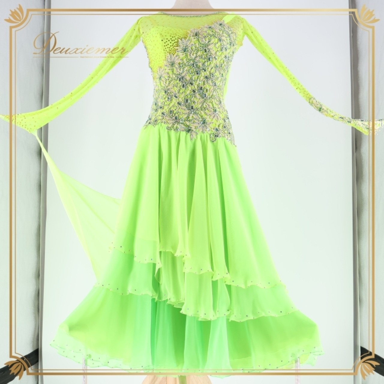社交ダンス 衣装 スタンダードドレス ワンピース ドレス スタンダード フロート レース 黄緑 デモ 競技 ダンス パーティ 発表会 蛍光 パーティドレス グリーン系 蛍光色 フレア スカート ダンス衣装 モダンダンス おしゃれ 女性用 大人用 発表会用 フォーマル ステージ衣装 競技会 パーティーコスチューム