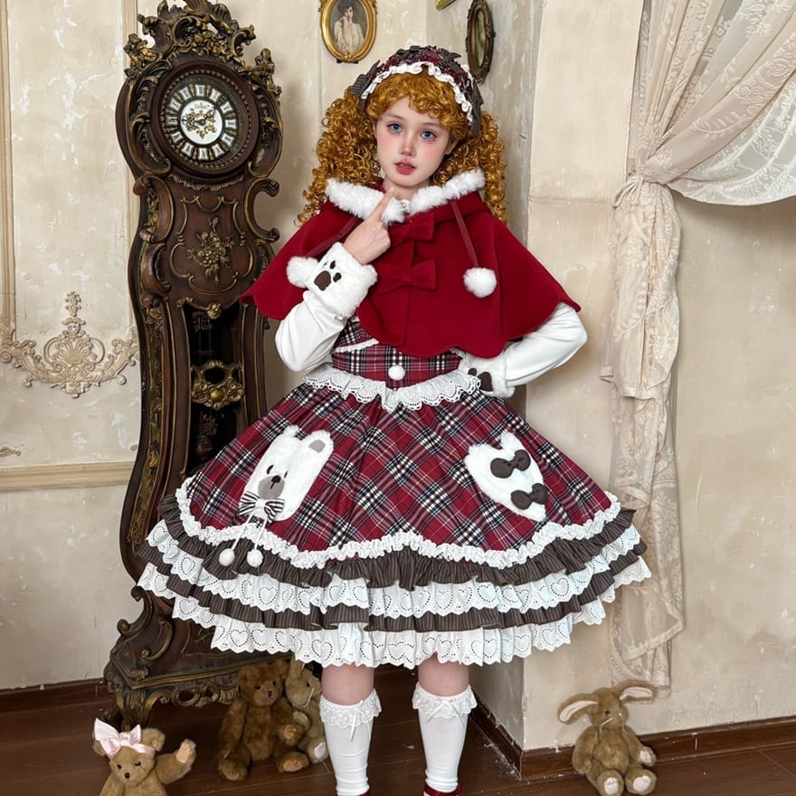 耽美な赤チェックに愛らしいクマを添えた、甘ロリケープ付セットアップ |WithU