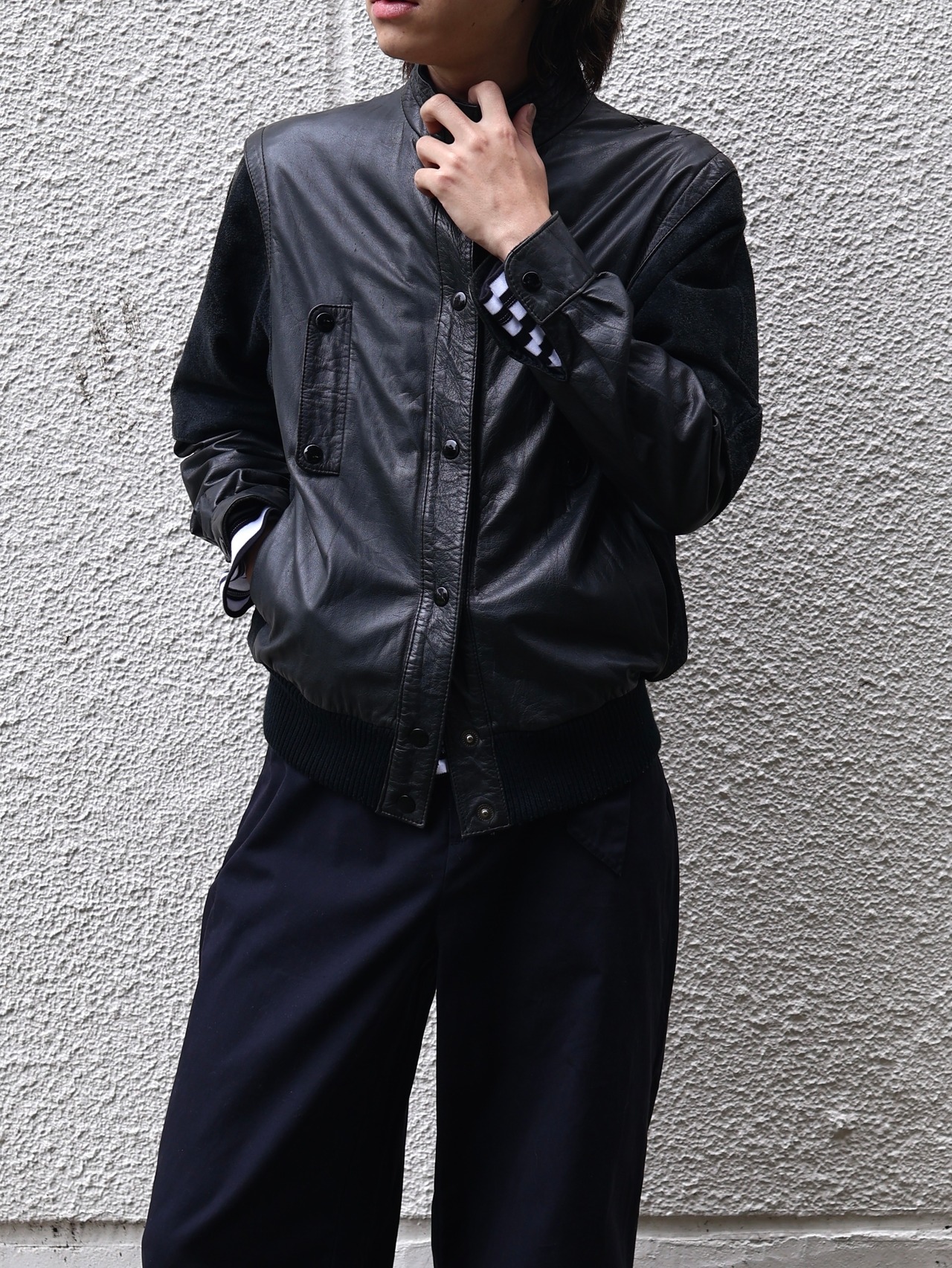 material switching leather blouson
