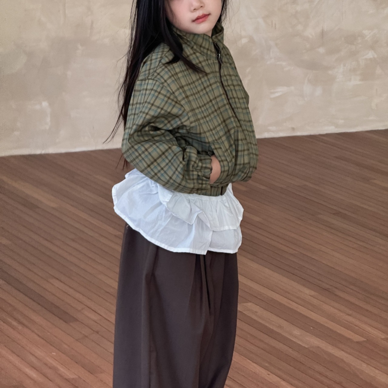 秋レトログリーンチェック柄ジャケット