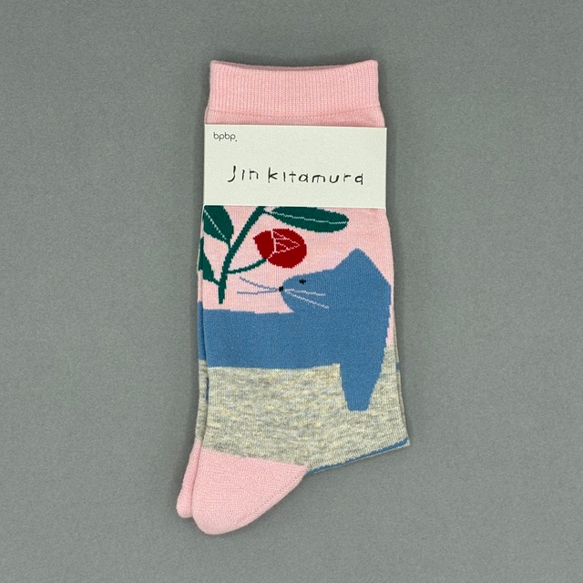 【JIN KITAMURA】北村人 SOCKS RED FLOWER & CAT ソックス 赤い花と猫