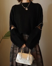 袖ZIPプルオーバー 長袖 ニット /ブラック