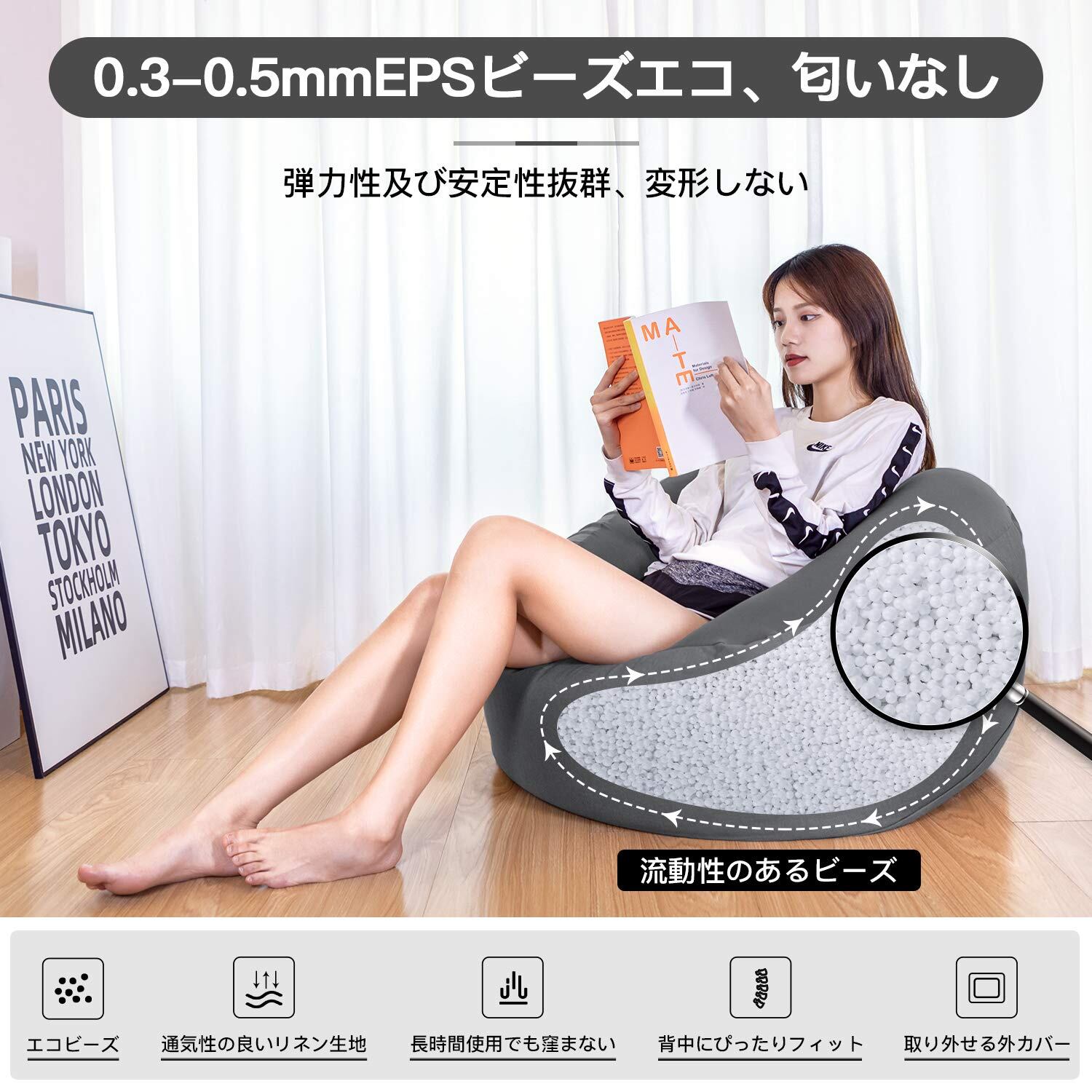 ビーズクッション ネイビー L 怠惰なソファ 特大 疲労解消 健康 洗濯可能 Homwarm ビーズクッション 怠惰なソファ 特大(65×65×43cm) 疲労解消