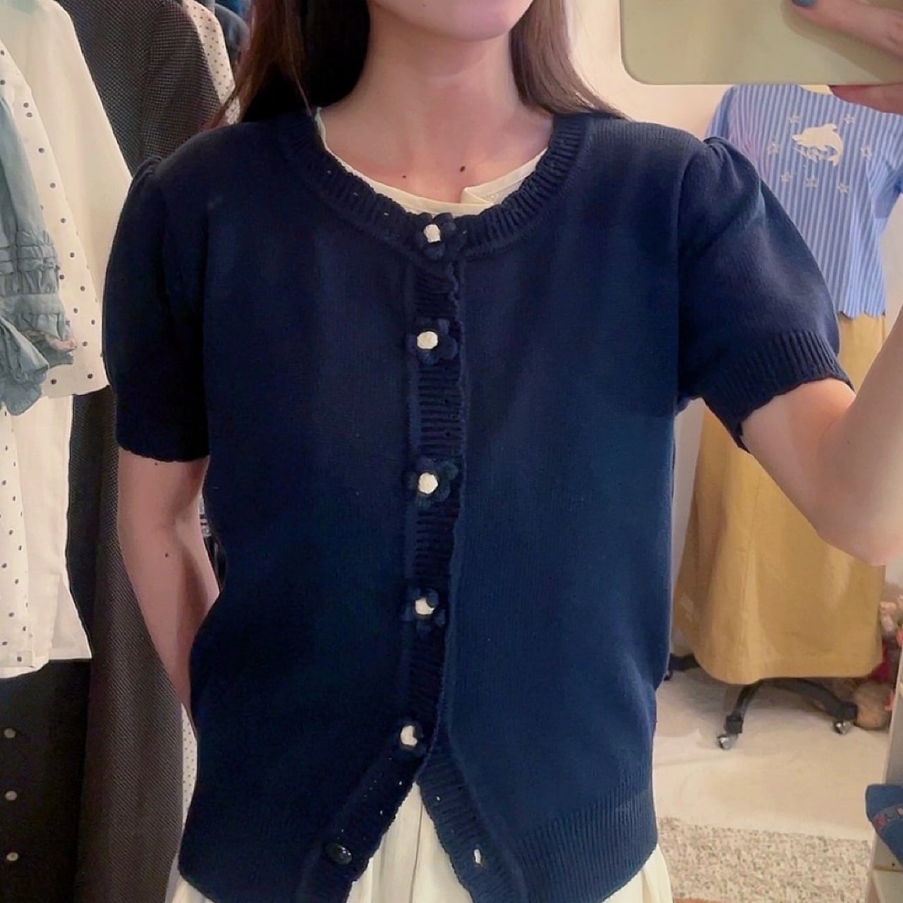 flower button navy knit cardigan