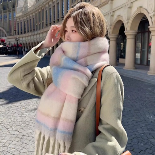 ストール レディース マフラー 大判 ボーダー柄 かわいい おしゃれ カラフル 鮮やか キュート デート お出かけ 秋冬 カラバリ豊富 カーキ/イエロー/ピンク