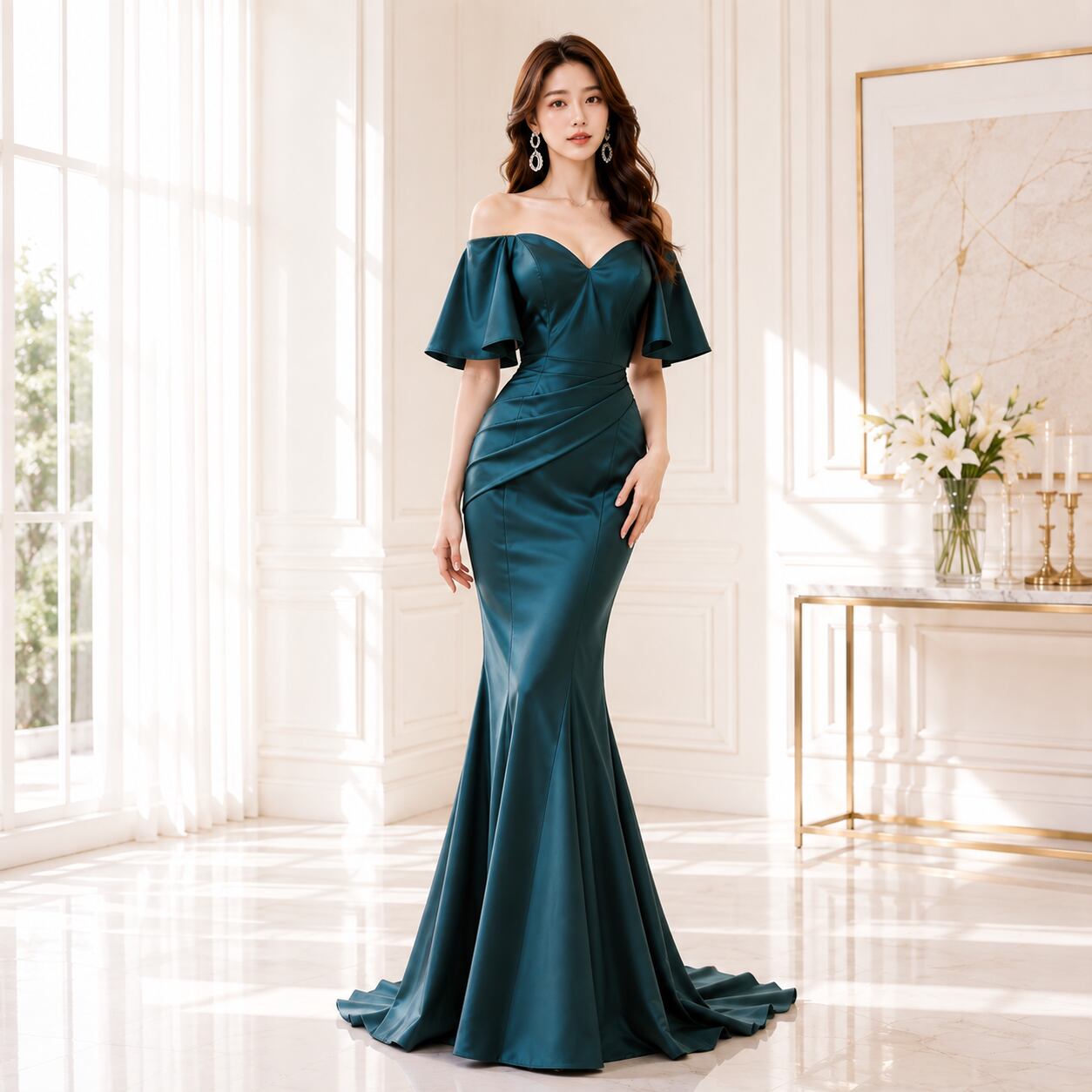 Satin Off-Shoulder Mermaid Evening Dress V3517